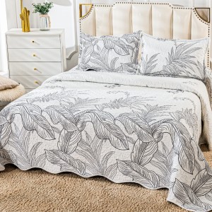 Cuvertura pat dublu din Bumbac Satinat Superior, 3 PIESE, Gri, frunze