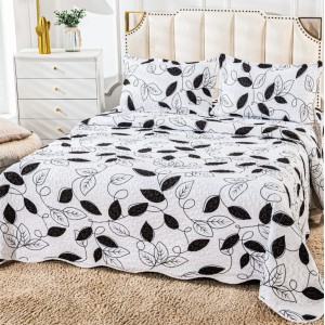 Cuvertura pat dublu din Bumbac Satinat Superior, 3 PIESE, Negru, frunze