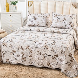 Cuvertura pat dublu din Bumbac Satinat Superior, 3 PIESE, Bej, flori