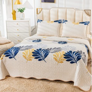Cuvertura pat dublu din Bumbac Satinat Superior, 3 PIESE, Albastru, frunze
