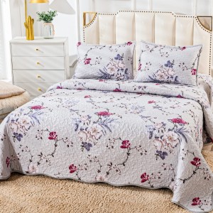 Cuvertura pat dublu din Bumbac Satinat Superior, 3 PIESE, Gri, flori