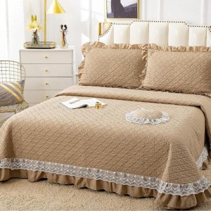 Cuvertura pat dublu din Bumbac Finet cu Broderie, 4 PIESE, Bej inchis