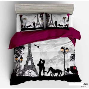 Lenjerie pat dublu, 4 piese, Bumbac 100% Poplin, Negru, indragostiti, turnul Eiffel