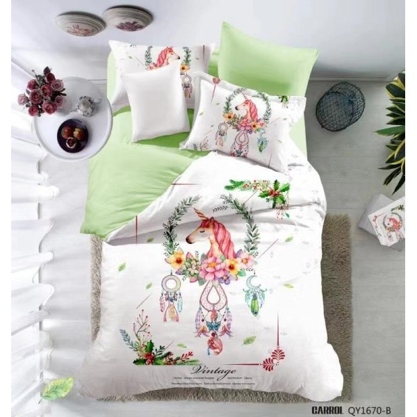 Lenjerie pat dublu, 4 piese, Bumbac 100% Poplin, Alb, unicorn [1]