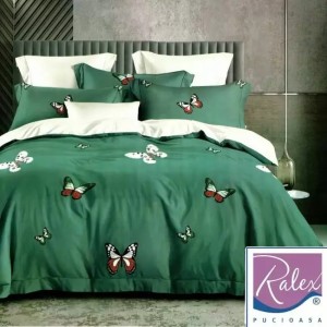Lenjerie pat dublu, Ralex Pucioasa,  Finet, 6 piese, Verde-Alb, fluturi