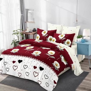 Lenjerie pat dublu, Ralex Pucioasa, Bumbac Finet, 6 piese, Alb-Rosu, flori, inimioare