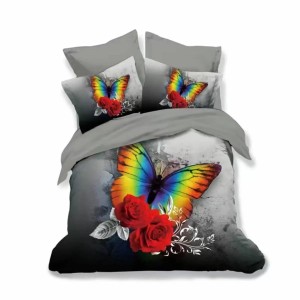 Lenjerie pat dublu, Ralex Pucioasa, 6 piese, Bumbac Finet, imprimeu 3D, IDENTIC CU POZA, Gri, fluturi