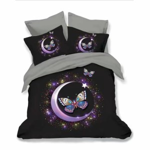 Lenjerie pat dublu, Ralex Pucioasa, 6 piese, Bumbac Finet, imprimeu 3D, IDENTIC CU POZA, Mov, fluturi