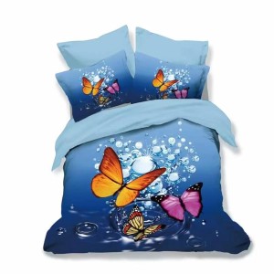 Lenjerie pat dublu, Ralex Pucioasa, 6 piese, Bumbac Finet, imprimeu 3D, IDENTIC CU POZA, Albastru, fluturi