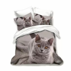 Lenjerie pat dublu, Ralex Pucioasa, 6 piese, Bumbac Finet, imprimeu 3D, IDENTIC CU POZA, Gri, pisica