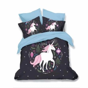 Lenjerie pat dublu, Ralex Pucioasa, 6 piese, Bumbac Finet, imprimeu 3D, IDENTIC CU POZA, Mov, unicorn