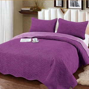 Cuvertura pat dublu, 3 piese, Catifea Matlasata, 230x250cm, Mov inchis