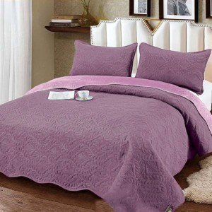 Cuvertura pat dublu, 3 piese, Catifea Matlasata, 230x250cm, Mov deschis