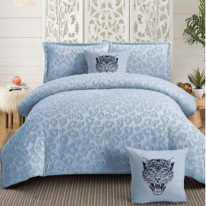 Lenjerie pat dublu, Finet Satinat Deluxe cu Smocuri Brodate, IDENTICA CU POZA, cu elastic, 4 anotimpuri, 6 piese, animal print, gri albastrui