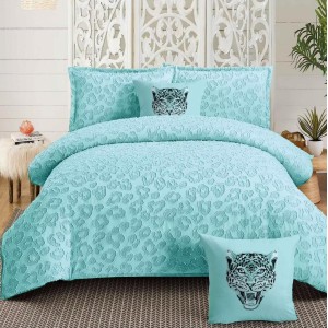 Lenjerie pat dublu, Finet Satinat Deluxe cu Smocuri Brodate, IDENTICA CU POZA, cu elastic, 4 anotimpuri, 6 piese, animal print, bleu