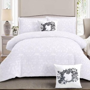 Lenjerie pat dublu, Finet Satinat Deluxe cu Smocuri Brodate, IDENTICA CU POZA, cu elastic, 4 anotimpuri, 6 piese, model oriental, alb