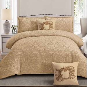 Lenjerie pat dublu, Finet Satinat Deluxe cu Smocuri Brodate, IDENTICA CU POZA, cu elastic, 4 anotimpuri, 6 piese, model oriental, bej inchis