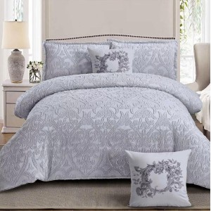 Lenjerie pat dublu, Finet Satinat Deluxe cu Smocuri Brodate, IDENTICA CU POZA, cu elastic, 4 anotimpuri, 6 piese, model oriental, gri deschis