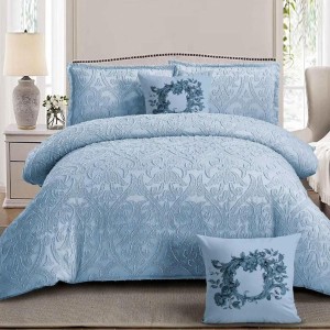 Lenjerie pat dublu, Finet Satinat Deluxe cu Smocuri Brodate, IDENTICA CU POZA, cu elastic, 4 anotimpuri, 6 piese, model oriental, gri albastrui