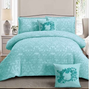 Lenjerie pat dublu, Finet Satinat Deluxe cu Smocuri Brodate, IDENTICA CU POZA, cu elastic, 4 anotimpuri, 6 piese, model oriental, bleu