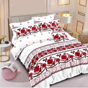 Lenjerie pat dublu,  FINET, 6 piese, cu ELASTIC, Alb-Rosu, model traditional