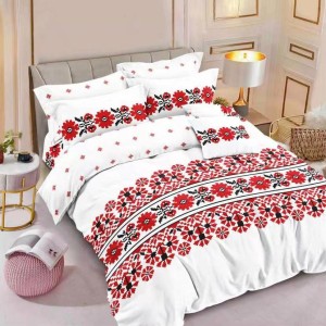 Lenjerie pat dublu,  FINET, 6 piese, cu ELASTIC, Alb-Rosu, model traditional