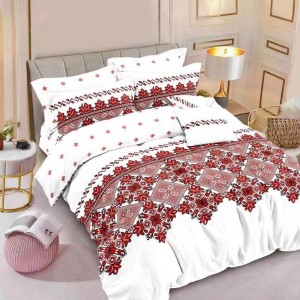 Lenjerie pat dublu,  FINET, 6 piese, cu ELASTIC, Alb-Rosu, model traditional