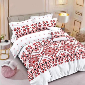 Lenjerie pat dublu,  FINET, 6 piese, cu ELASTIC, Alb-Rosu, model traditional