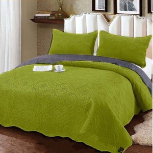 Cuvertura pat dublu, 3 piese, Catifea Matlasata, 230x250cm, Verde