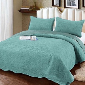 Cuvertura pat dublu, 3 piese, Catifea Matlasata, 230x250cm, Verde menta