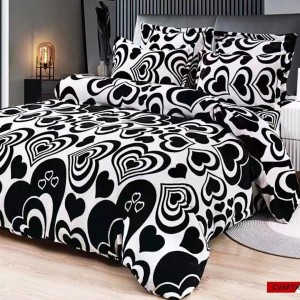 Lenjerie pat dublu, Super Pufoasa COCOLINO,cu ELASTIC, 4 piese, Alb-Negru, inimioare