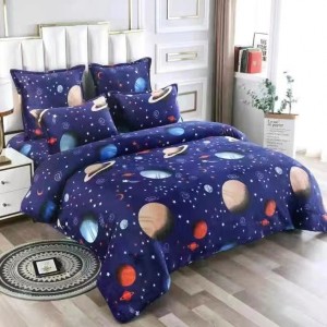 Lenjerie pat dublu, Super Pufoasa COCOLINO,cu ELASTIC, 4 piese, Verde, planete