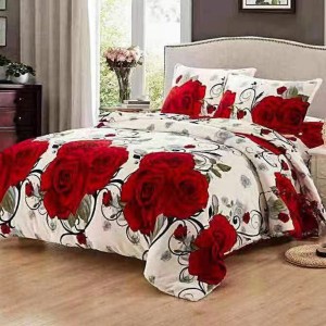 Lenjerie pat dublu, Super Pufoasa COCOLINO,cu ELASTIC, 4 piese, Alb-Rosu, trandafiri