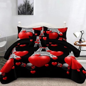 Lenjerie pat dublu, Super Pufoasa COCOLINO,cu ELASTIC, 4 piese, Negru-Rosu, inimioare, turnul Eiffel
