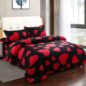 Lenjerie pat dublu, Super Pufoasa COCOLINO, 4 piese, cu ELASTIC, Negru, Roșu, inimioare