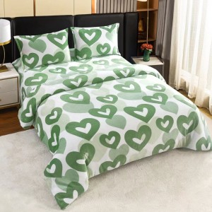 Lenjerie pat dublu, Super Pufoasa COCOLINO,cu ELASTIC, 4 piese, Alb-Verde, inimioare