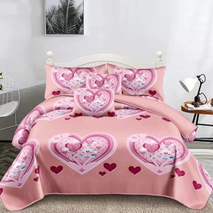 Lenjerie pat dublu, Super Pufoasa COCOLINO,cu ELASTIC, 4 piese, Roz, inimioare