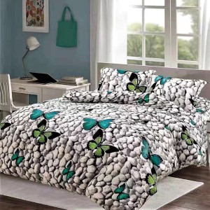 Lenjerie pat dublu, Super Pufoasa COCOLINO,cu ELASTIC, 4 piese, Gri-Multicolor, fluturi