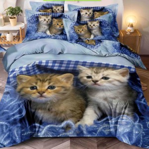 Lenjerie pat single,  FINET, Imprimeu Digital - Identic cu poza, 4 piese, cu ELASTIC, Jojo Home, Albastru, pisicute