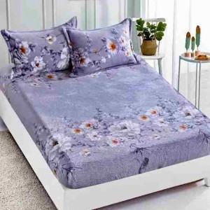 Cearsaf cu elastic COCOLINO, 180x200x25cm, 2 fete de perne, Jojo Home, Gri, flori