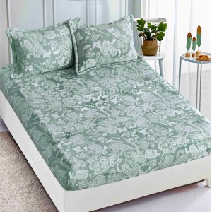 Cearsaf cu elastic COCOLINO, 180x200x25cm, 2 fete de perne, Jojo Home, Verde, model floral