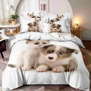 Lenjerie pat single,  FINET, Imprimeu Digital - Identic cu poza, 4 piese, cu ELASTIC, Jojo Home, Alb, catel, pisicuta