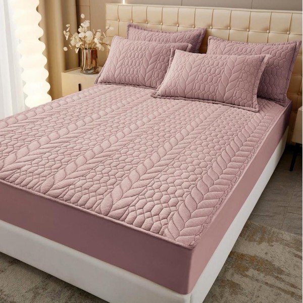 Husã matlasatã tip topper din catifea, 160x200cm + 2 fete de perna 50x70cm, roz pudra [1]