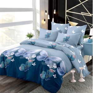 Lenjerie pat dublu,  FINET, cu elastic, 6 piese, Albastru, fluturi