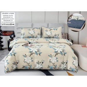 Lenjerie pat dublu, bumbac satinat,  Cearșaf cu ELASTIC 180x200cm, 4 PIESE, Bej, flori, magnolii