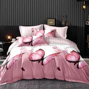 Lenjerie pat dublu,  FINET, 6 piese, cu ELASTIC, Roz, fluturi