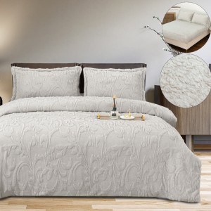 Lenjerie de pat dublu, Luxoasă și Super Pufoasă CoCoLiNo 3D, cu Blăniță Sherpa, 4 Piese, Cearșaf cu Elastic – Microfibră Plusată, Căldură și Stil pentru Dormitorul Tău, Floral print, Gri deschis