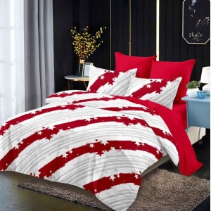 Lenjerie pat dublu,  FINET, cu elastic, 6 piese, Alb, Rosu, Stelute, Dungi