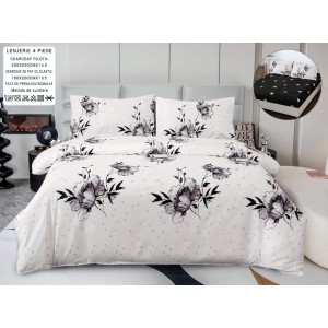 Lenjerie pat dublu, bumbac satinat,  Cearșaf cu ELASTIC 160x200cm, 4 PIESE, Alb, Gri, flori