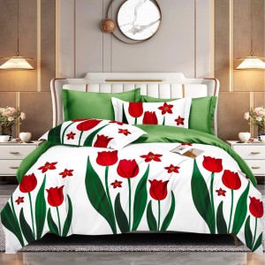 Lenjerie de Pat Dublu, 4 Piese, din Bumbac 100% Percalle cu Două Fețe – Confort Premium, Design Versatil și Durabilitate de Excepție, Alb, Verde, Rosu, flori